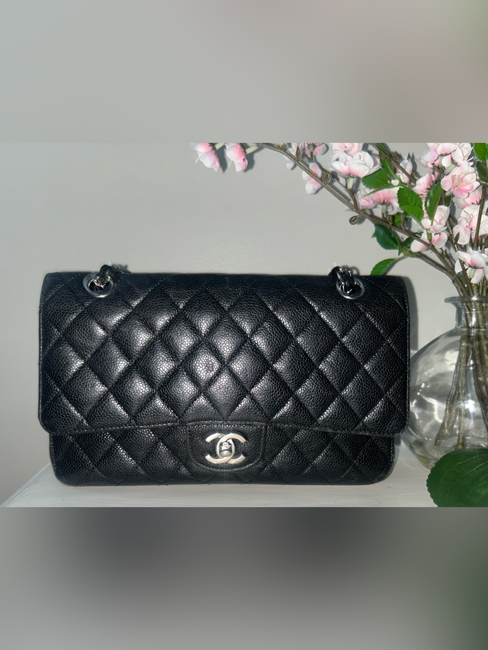 CHANEL Medium Classic Double Flap Caviar Quilted Handbag Black - Full Set